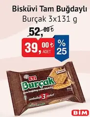 ETİ BURÇAK BİSKÜVİ TAM BUĞDAYLI 3X131 G